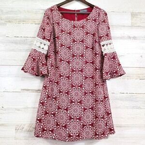 Luxology Burgundy Red White Mandala Bell Sleeve Crochet A Line Dress Size 6 Boho